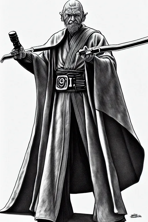 Image similar to a line drawing of an old jedi knight joe fenton, trending on artstation, realistic rendering