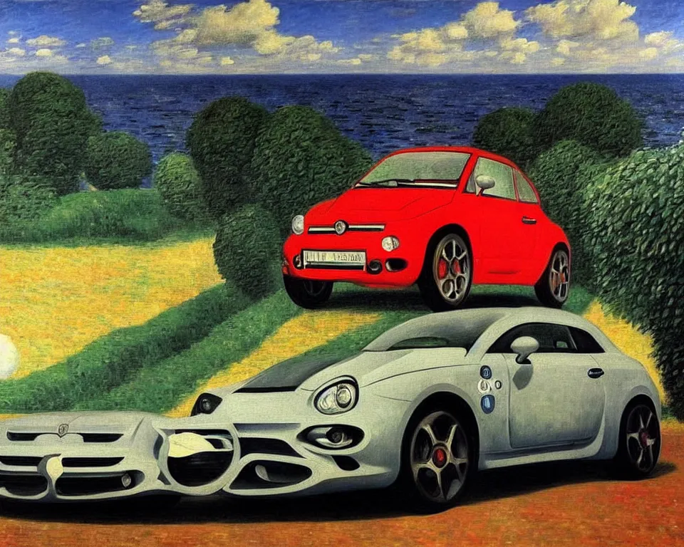 Prompt: achingly beautiful painting of a 2 0 1 3 abarth by rene magritte, monet, and turner.