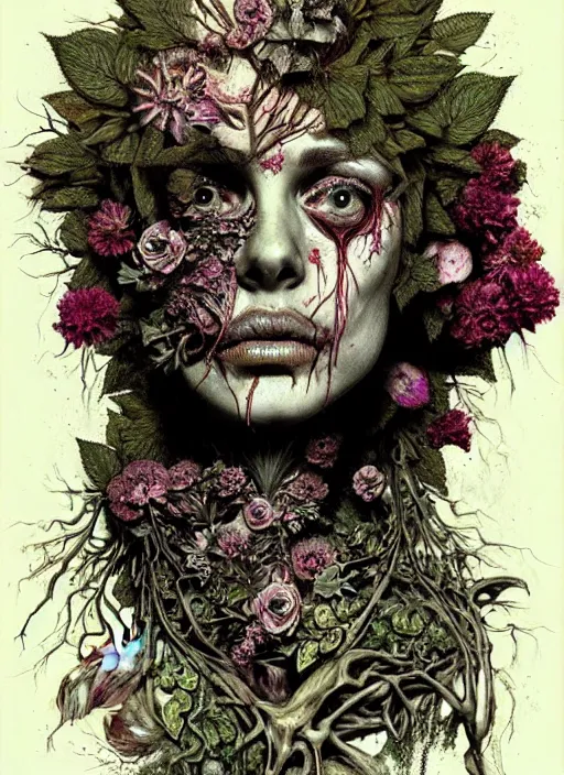 Image similar to beautiful and detailed rotten woman corpse with fractal plants and many different types of flowers growing around, muscles, veins, arteries, intricate, organs, ornate, surreal, john constable, guy denning, dan hillier