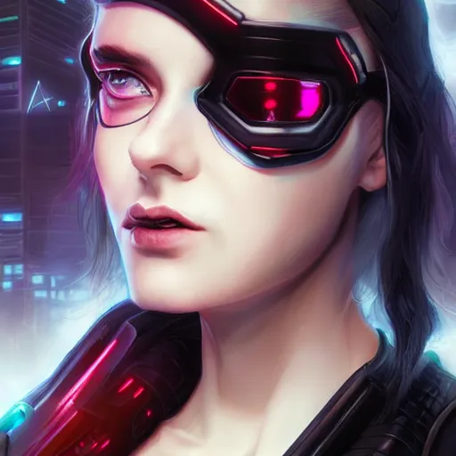 Image similar to portrait of pale smiling cyberpunk girl, cover by Artgerm