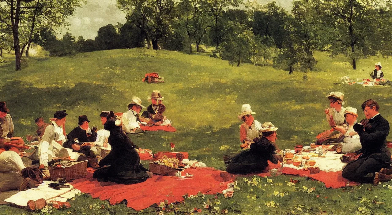 Prompt: the picnic, in Pennsylvania, 1850, painting by Winslow Homer, oil on canvas