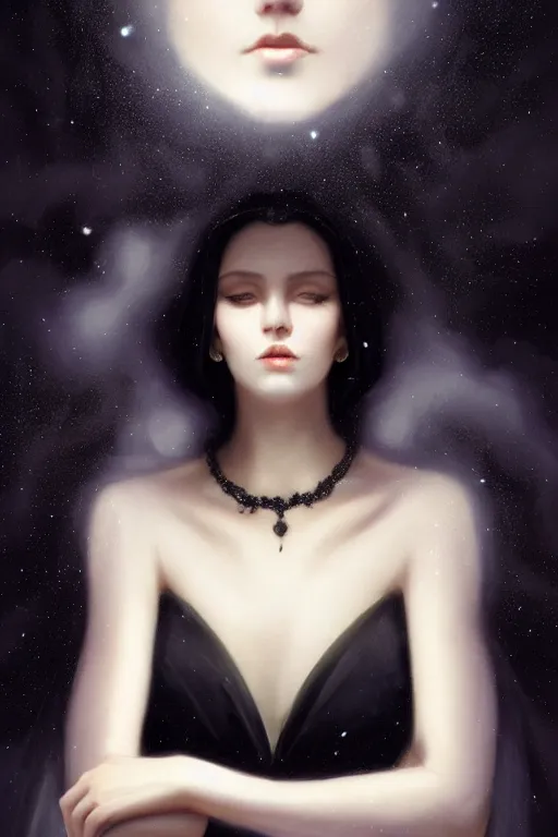 Image similar to Nocturne, glowing, stars, a long-legged elegant evil woman, long black hair, pearl amulet, highly detailed, mysterious, ethereal, dressed in black velvet, haute couture, illustration, dramatic lighting, soft details, painting, by Edmund Blair Leighton, Brom, Charlie Bowater, trending on artstation, faces by otto schmidt