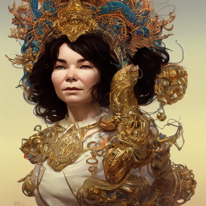 Image similar to goddess bjork, intricate, highly detailed, digital painting, trending on artstation, concept art, smooth, sharp focus, illustration, unreal engine 5, 8 k, art by artgerm and greg rutkowski and alphonse mucha