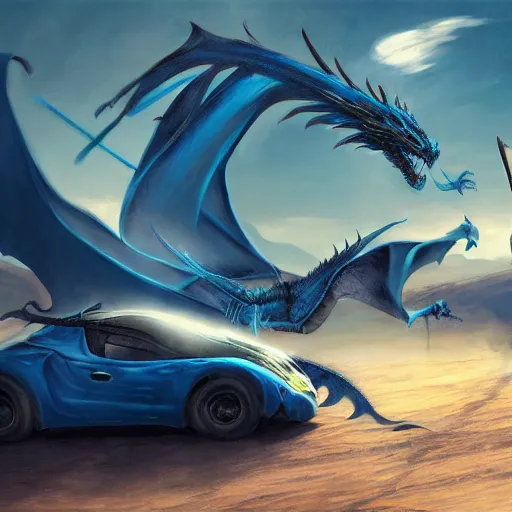 Prompt: blue knight vs dragon, green car in desert, fine art, battle, duel, sword, breathing fire, cgsociety, trending, realistic, fantasy, 4 k, artstation