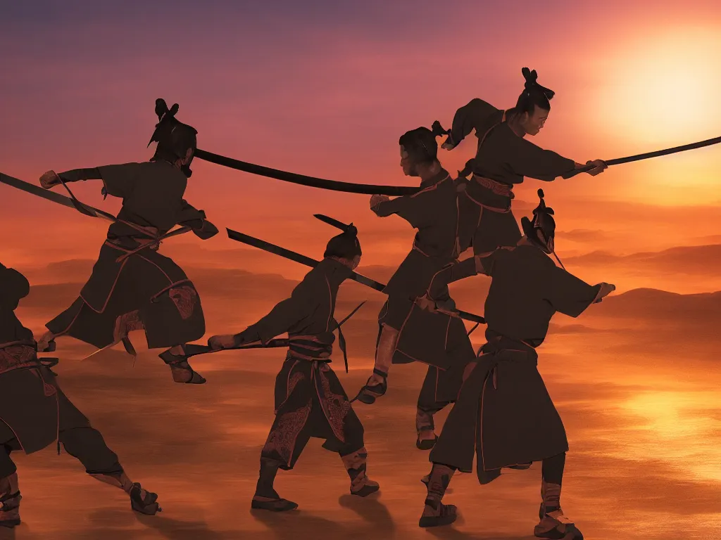 Prompt: matte painting of two samurai ninjas doing sword routine, Zen style, sunset on bokeh background, smooth 4K