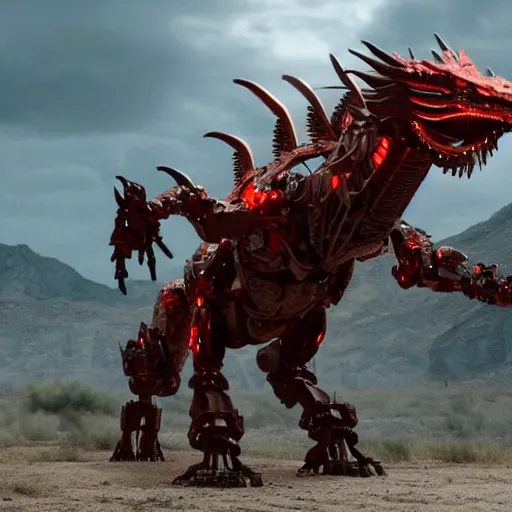 Image similar to cinematic still of westworld, a full body red stunning intricate si - fi robotic fantasy dragon, well armored mech dragon, highly detailed