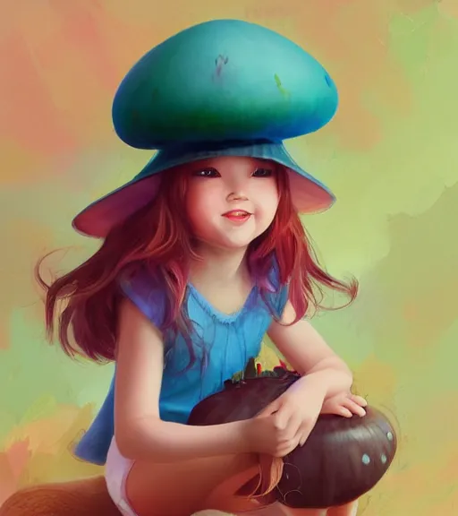 Prompt: a beautiful little girl wearing a mushroom hat sitting | | cute - fine - subtle smile, colorful hair, face, pretty face, fine details by stanley artgerm lau, wlop, rossdraws, james jean, andrei riabovitchev, marc simonetti, and sakimichan, trending on artstation