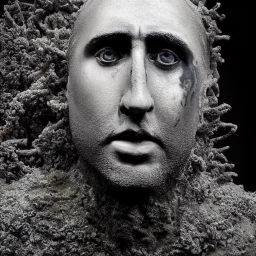 Prompt: Award-winning photograph by Mar Mann. The photo depicts a gray decaying roman bust of Nicolas Cage overgrown with moss at the bottom of the sea. Minimalism, high definition, perfect composition. Deep sea picture. Very dark. Volumetric Lighting. Fish. Darkness. Ruins