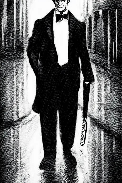 Prompt: black and white illustration of Patrick Bateman in a rainy street, neo noir style, Frank Miller creative design, Josep Tapiró Baró