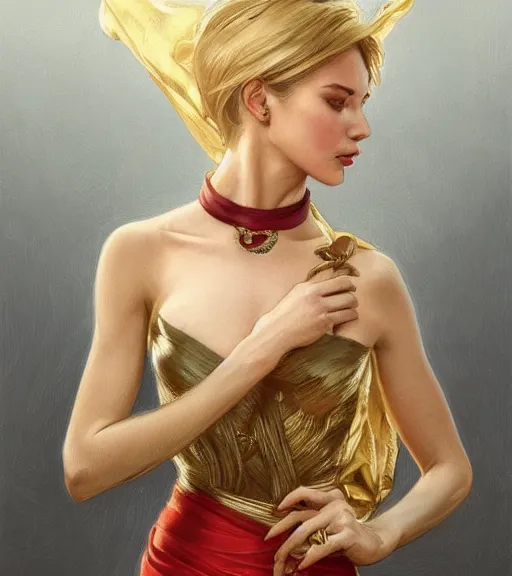 Prompt: corinna kopf wearing a golden dress, grey hair, red necktie, cinematic, stunning, highly detailed, digital painting, artstation, smooth, hard focus, full body shot, illustration, art by artgerm and greg rutkowski and alphonse mucha