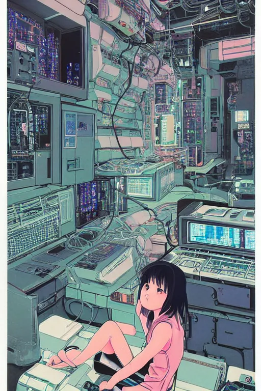 Image similar to an awe inspiring 1980s japanese cyberpunk anime style illustration of an android girl seated on the floor in a tech labor, seen from the side with her back open showing cables and wires coming out, by masamune shirow and katsuhiro otomo, studio ghibli color scheme, dark, complex