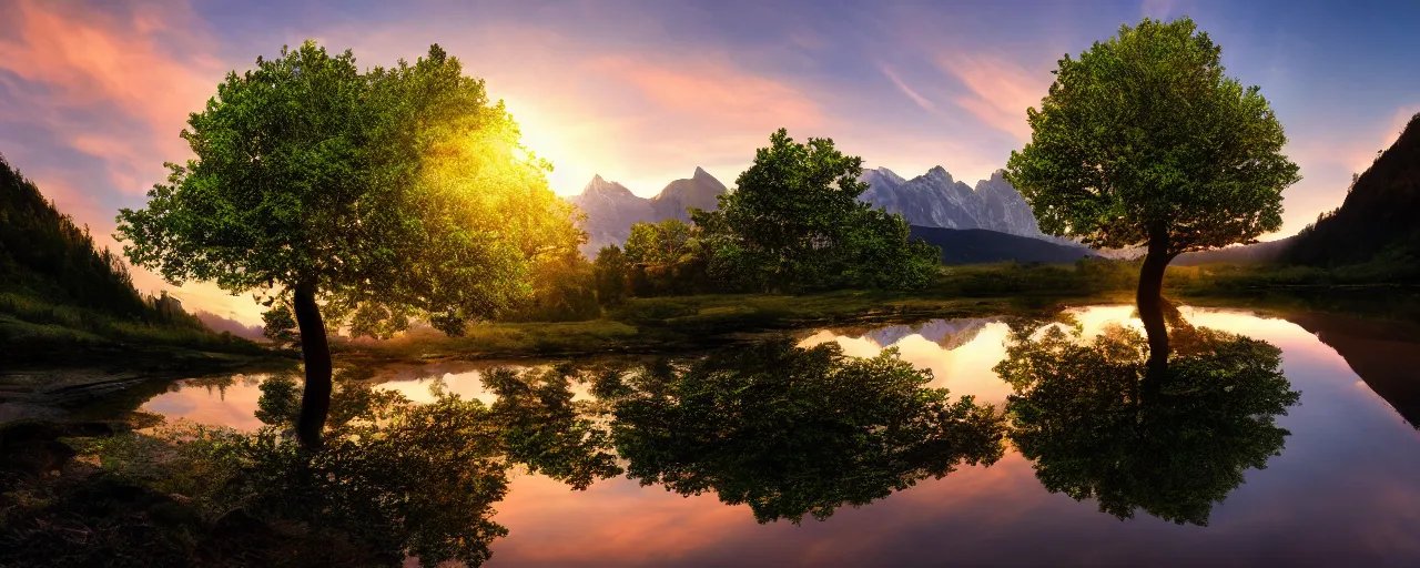 Image similar to big realistic tree near to a river on sunset with reflection on the leaves and mountains in the background, landscape, extremely high fidelity, 8 k, super resolution, cinematic view, super resolution, light rays, lens flare, epic, hyperdetailed