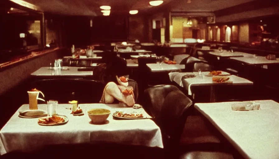 Image similar to 7 0 s film still from a horror movie of one person sitting at an empty diner, kodachrome, cinecolor, cinestill, film grain, film texture, retro, cinematic, high resolution, photorealism,