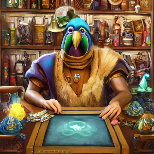 Image similar to Magic the gathering artwork of Anthropomorphized parrot trader in his shop, shelves full, selling a gem, portrait, items, magic potions, carpet, window, fancy funny hat, sly expression , cunning expression, cute expression, presenting magic gem, D&D, fantasy, cinematic lighting, highly detailed, digital painting, artstation, concept art, smooth, sharp focus, illustration, warm light, cozy warm tint, magic the gathering artwork, volumetric lighting, 8k, no gold, no gold colours, art by Akihiko Yoshida and Greg Rutkowski