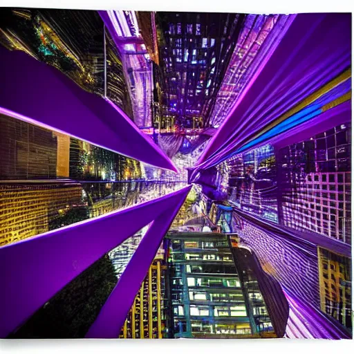 Image similar to Abstract purple images representing connected cities and buildings ,Traffic with light trails, from different perspectives interesting or unusual angles ,Perspective that looks up at buildings from below ,Evening or night cityscapes of buildings and roads from aerial or elevated view ,Evening or night cityscapes captured from human eye level ,Abstract facades of buildings ,Urban city view with unique angles