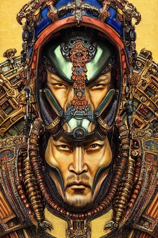 Image similar to a dramatic full-color art nouveau and ironpunk styled bust portrait of genghis khan as a godlike and stoic alien king, with violent conquering eyes, extremely detailed mongolian art nouveau cybernetic armor and an intricately detailed crown of cosmic power, perfectly symmetrical mongol facial structure and framework, handsome yet brutal alien facial characteristics, by michael kaluta, michael whelan and travis charest, dark sci-fantasy, deeply ornate complexity, alien-human hybrid male face and bust, sci-fi character concept, photorealism, art nouveau framing, stunning lighting, hyperrealism, 8k