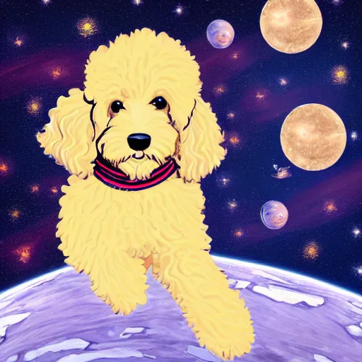 Prompt: goldendoodle in space