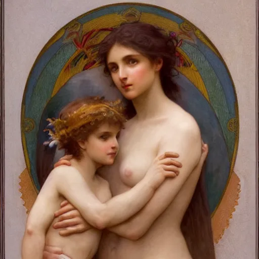 Prompt: Bouguereau and Mucha are all excited to be trending on Artstation