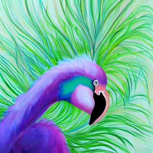 Prompt: pink flamingo with long blue and green peacock feather tail detailed oil painting 4k