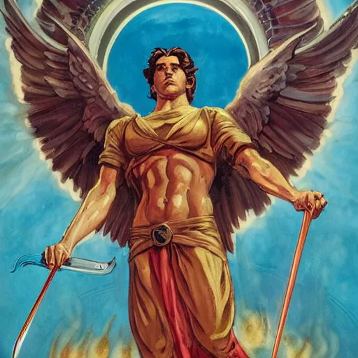 Image similar to An epic Socialist Realism comic book style, stunning, breathtaking, awe-inspiring award-winning concept art nouveau painting of sophisticated portrayal of Lucifer, invincible and triumphant over Heaven, exquisite and handsome wings, holding a flaming sword of hellfire in his hands , fisheye, a star is born in the background, photorealistic, complex, intricate, 3-point perspective, hyper detailed, unreal engine 5,DAZ, symmetrical, octane render, dynamic lighting, 8k , IMAX quality, polished, photoshopped, high resolution, , path tracing, volumetric lighting, Arnold render