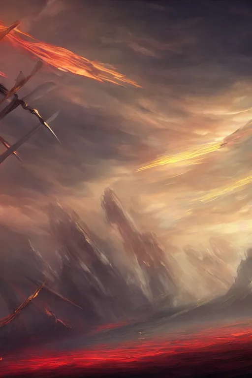 Image similar to breathtaking digital painting of swords flying in golden clouds, numerous blades in dynamic movement, strokes of mist and scarlet ribbons, german romanticism style, volumetric lighting, concept art, matte, sharp focus, art by celestialfang, matchach, juanmao, dustin panzino, trending on artstation