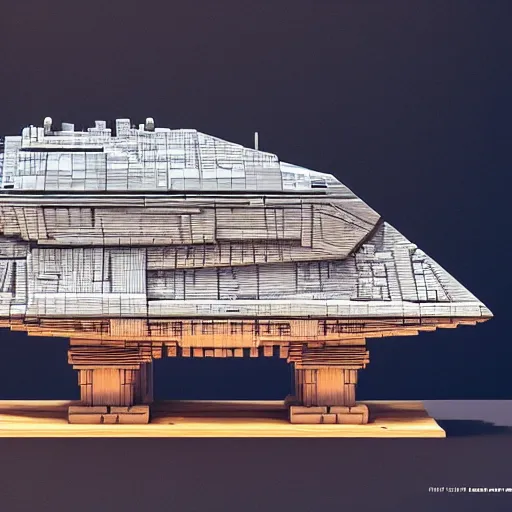 Image similar to a model of a star destroyer on a wooden stand, an ambient occlusion render by piranesi, trending on cg society, kinetic art, greeble, high detailed, voxel art