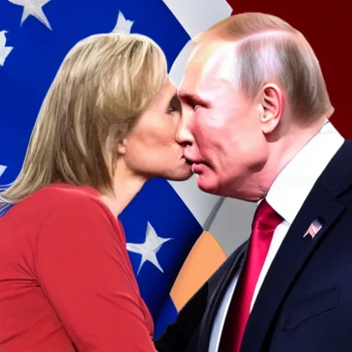 Prompt: putin kissing trump, hyper realistic, highly detailed, depth of field.