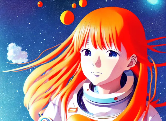 Image similar to anime portrait of a young astronaut girl floating inside a spacestation flowing orange hair no helmet, Karolis Strautniekas,omoide emanon, tsuruta kenji, murata range,kawaii, kyoto animation, manga, intricate, detailed, studio lighting, gradation,editorial illustration, matte print, Ilya Kuvshinov