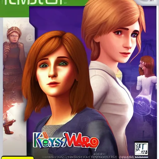 Image similar to ps 2 game box keyart, emma watson the sims, playstation 2, oldschool