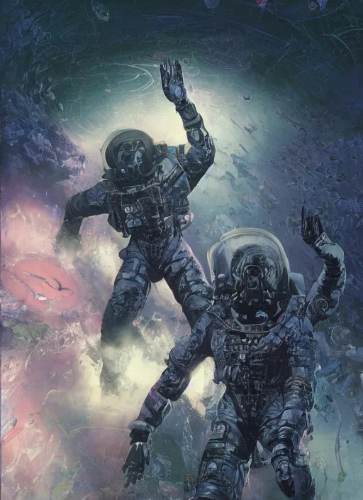 Image similar to astronauts in dark void underwater - complex and hyperdetailed technical suit. reflection and dispersion materials. rays and dispersion of light. volumetric light. f / 3 2. noise film photo. flash photography. ultra realistic, wide angle. poster by wayne barlowe, hajime sorayama aaron horkey, craig mullins