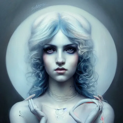 Image similar to tom bagshaw portrait, very beautiful dollpunk in a full dress, professionally retouched, perfect blue eyes, ultra realistic soft painting, floating long hair, soft facial traits, perfectly detailed linework, symmetrical accurate intricate features, highly detailed, artstation, sharp focus