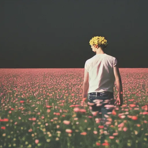 Prompt: kodak colorplus 2 0 0 photograph of a skinny blonde guy standing in a field of flowers, flower crown, back view, grain, moody lighting, telephoto, 9 0 s vibe, blurry background, vaporwave colors!, faded!,