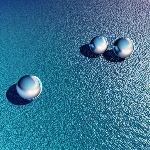 Prompt: smooth reflective chrome spheres floating above a peaceful calm blue ocean landscape, ambient, retro, abstract, surrealism, ray tracing, volumetric light, digital art