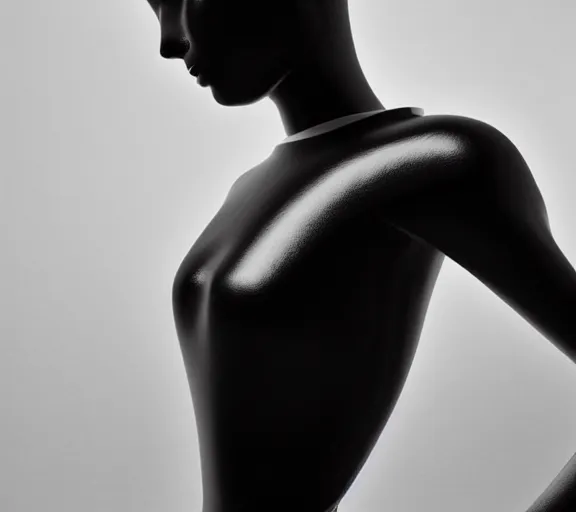 Image similar to extremely beautiful well lit fashion photo of a female statue wearing a neoprene asymmetrical ballgown in the style of rei kawakubo, yohji yamamoto, japanese avant garde fashion, statue, black marble, carving, glossy, vogue, beautiful lighting, clear, sharp focus, depth of field, portrait, editorial, vogue