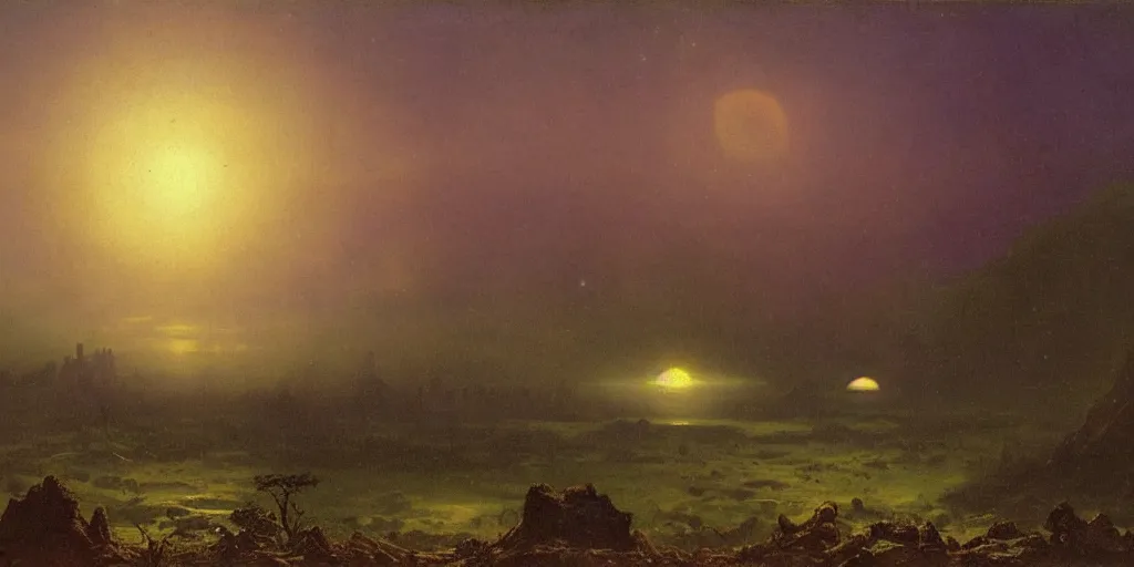 Image similar to landscape image of an extremely alien planet, by Albert Bierstadt