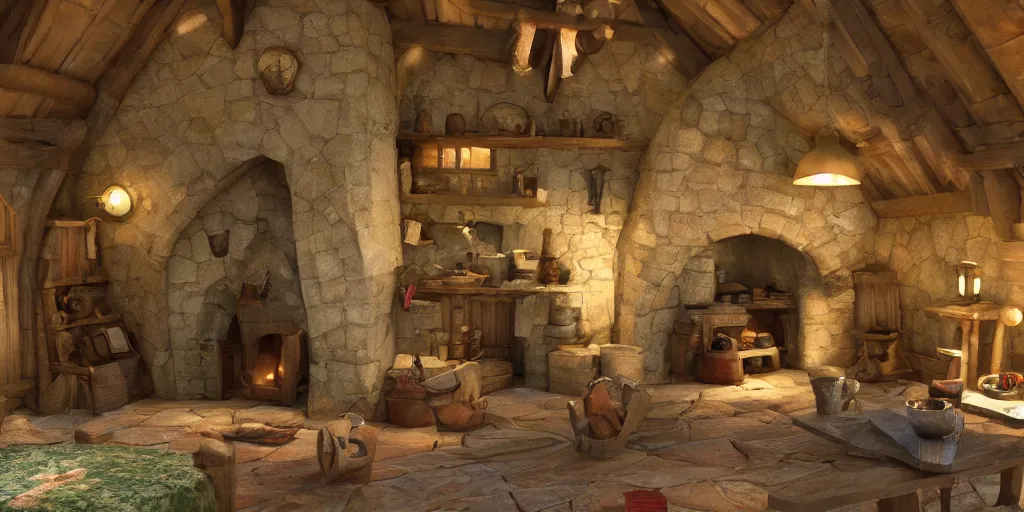 Image similar to medieval cottage interior, pixar animation