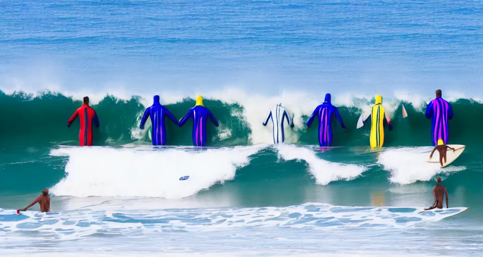 Prompt: worshippers in robes belonging to the cult of the surfers, surfing in waves, standing on surfboards, surfing inside one large barreled wave, high detailed colors, blue