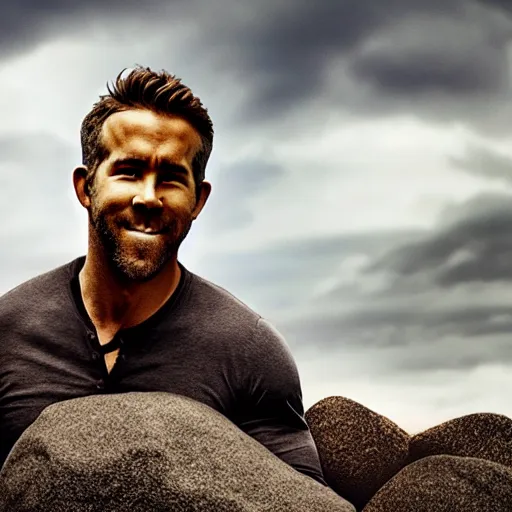 Image similar to photo of ryan reynolds eating a boulder, highly detailed, extremely high quality, hd, 4 k, 8 k, professional photographer, 4 0 mp, lifelike, top - rated, award winning, realistic, detailed lighting, detailed shadows, sharp, no blur, edited, corrected, trending