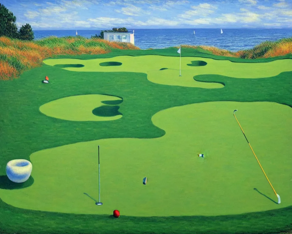 Prompt: achingly beautiful painting of bandon dunes putting green by rene magritte, monet, and turner.