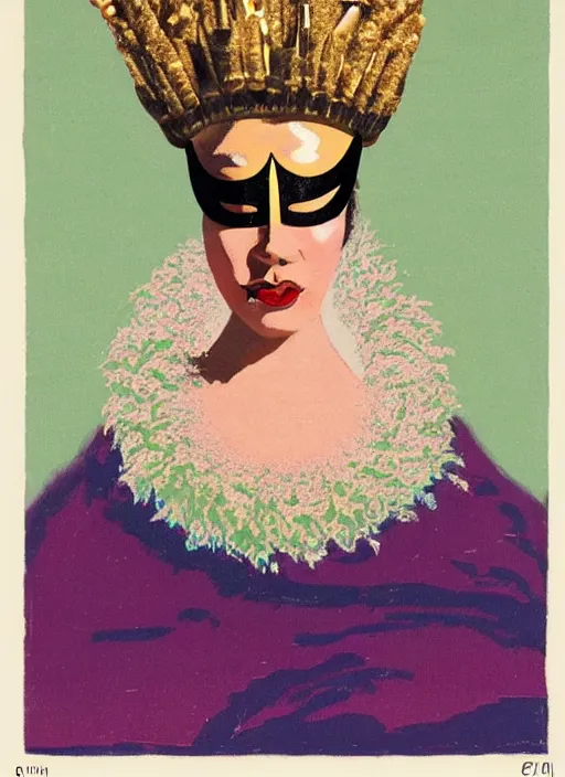 Prompt: an extreme close - up low angle portrait of the young extravagantly dressed queen wearing opera mask in a scenic representation of mother nature and the meaning of life by billy childish, thick visible brush strokes, shadowy landscape painting in the background by beal gifford, vintage postcard illustration, minimalist cover art by mitchell hooks