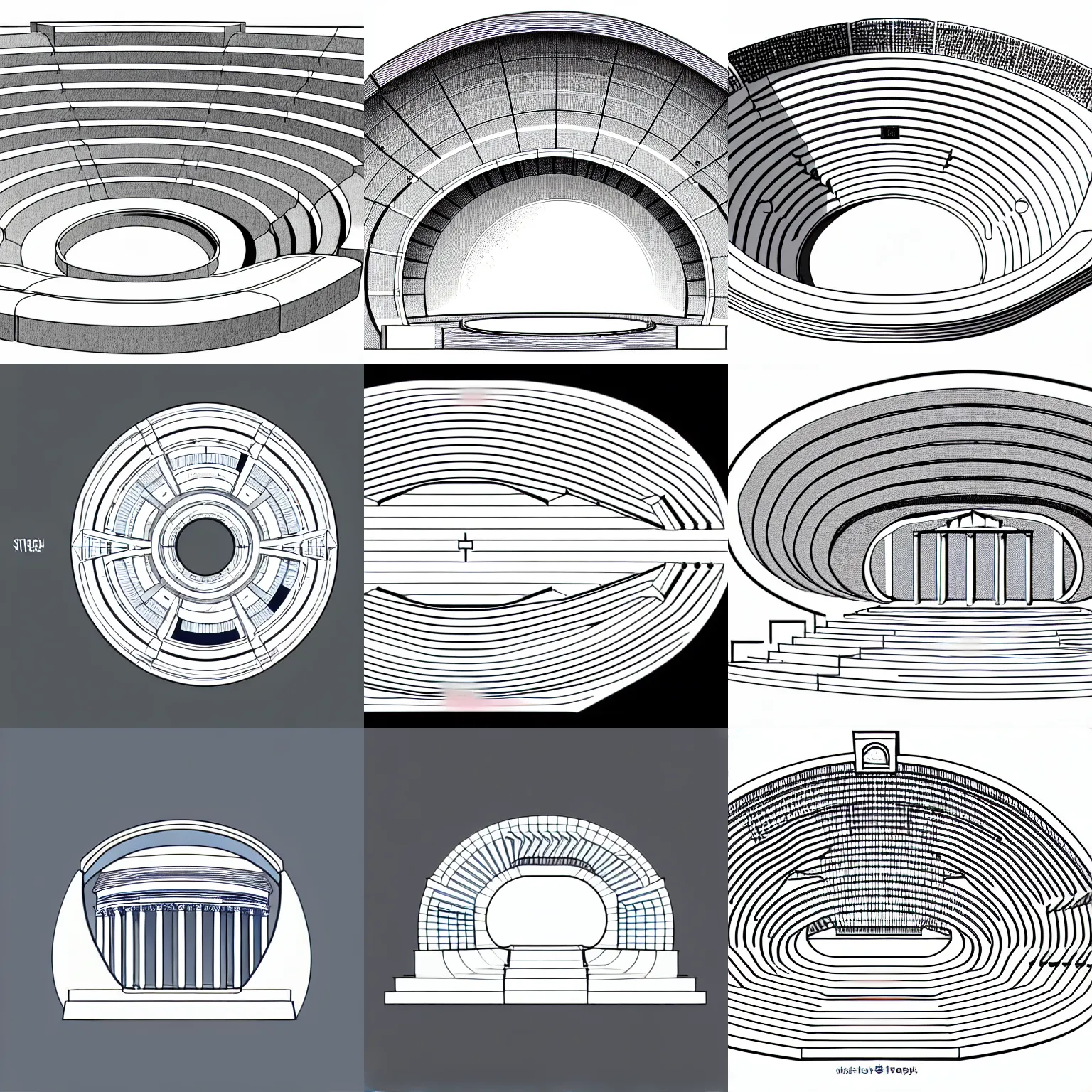 Prompt: a stephen biesty cross - section of simplified! white smooth shaded ancient amphitheater, precise vector trace, 3 / 4 wide shot, sketch - up, white background