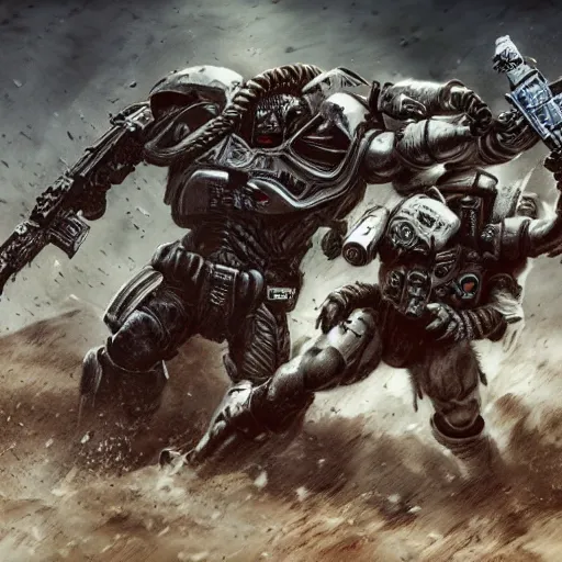 Image similar to The Predator fighting a Space Marine, intense combat, high detail, desolate landscape, Jung Gi Kim style, trending, masterpiece, high resolution, hand to hand combat