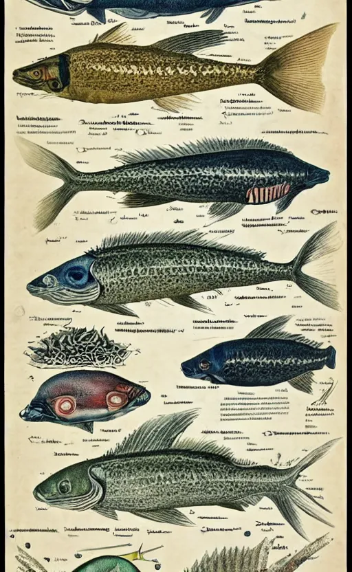 Prompt: a page of fish anatomy atlas, 1 9 0 0 s, highly detailed