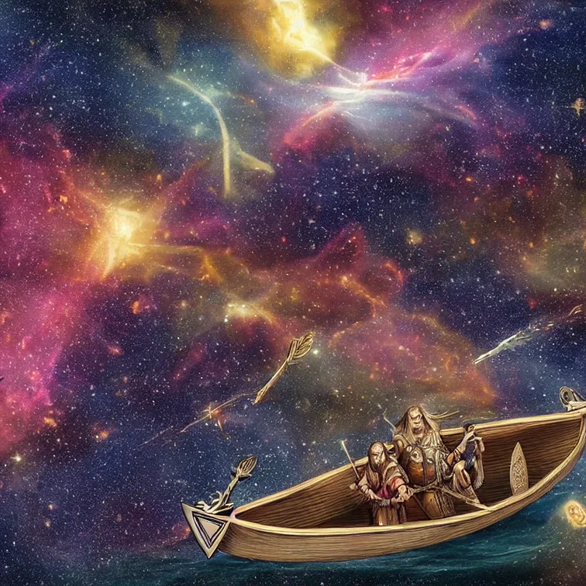 Image similar to a medieval viking longboat rowing through an ocean that is a nebula, several supernovae in the background, stellar explosions spewing streams of gas into space