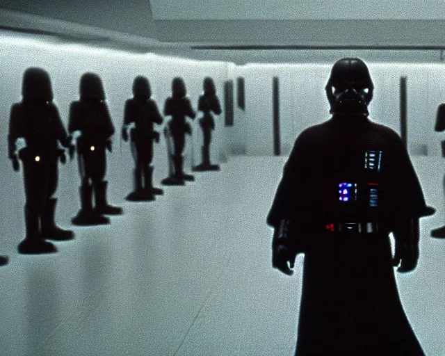 Prompt: screenshot sith android in a cloning lab, pensive, iconic scene from 1 9 8 0 s star wars film directed by ridley scott, in a sci fi architecture, last jedi, 4 k hd sharp, cinematic still frame, photoreal, detailed face, moody lighting, stunning cinematography, anamorphic lenses, kodak color film stock