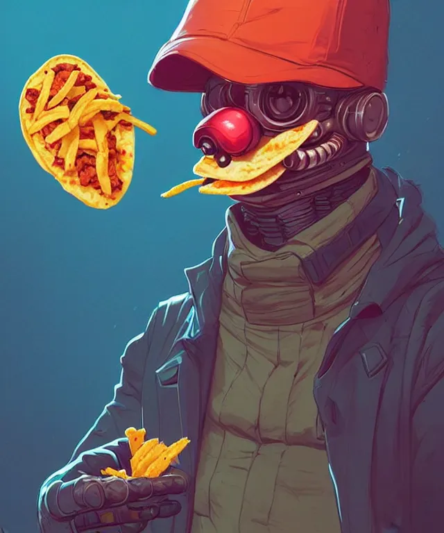 Image similar to a portrait of an anthropomorphic cyberpunk ferret eating a taco, cyberpunk!, fantasy, elegant, digital painting, artstation, concept art, matte, sharp focus, illustration, art by josan gonzalez