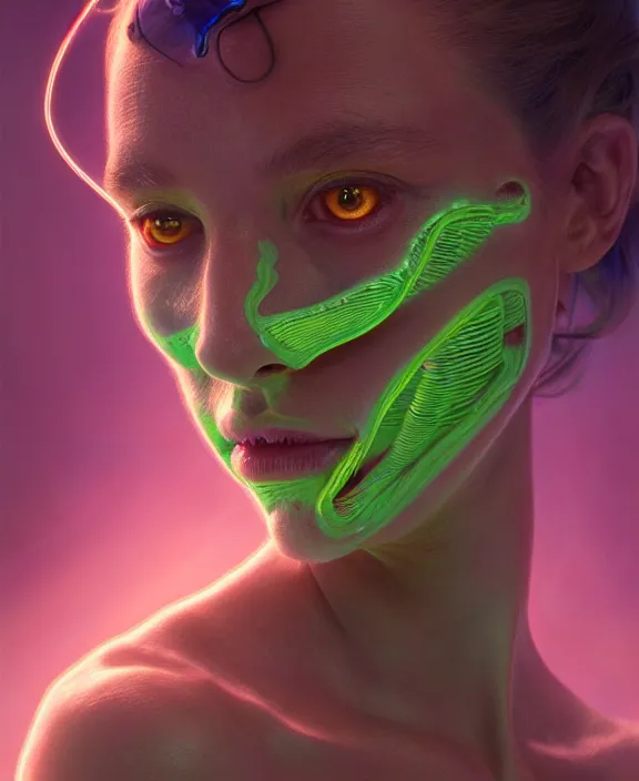 Image similar to intricate fluorescent portrait of a disturbing beautiful alien insect creature, mottling coloring, adorable, childlike, medical equipment hospital environment, ultra realistic, concept art, art nouveau, photorealistic, octane render, 8 k, unreal engine. art by christopher marley and artgerm and greg rutkowski and alphonse mucha