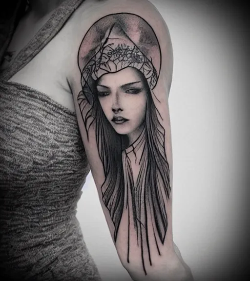 Image similar to hyper realistic tattoo design of a very beautiful woman against a background of beautiful mountains and nature, in the style of den yakovlev, amazing detail, black and white