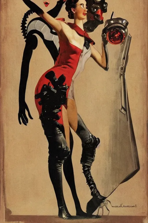 Prompt: 5 0 s pulp scifi fantasy illustration full body portrait elegant woman wearing latex spacesuit standing beside monster, by norman rockwell, edd cartier, roberto ferri, tom lovell, frank r paul, dean cornwell, astounding stories, amazing, fantasy, other worlds