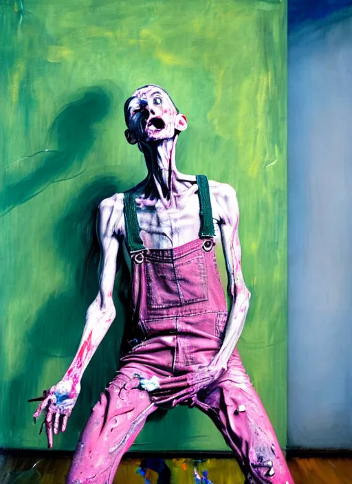 Image similar to an insane, skinny, artist wearing dirty, torn overalls, expressive painting the walls inside a grand messy studio, depth of field, hauntingly surreal, highly detailed painting by francis bacon, edward hopper, adrian ghenie, glenn brown, soft light 4 k in pink, green and blue colour palette, cinematic composition,